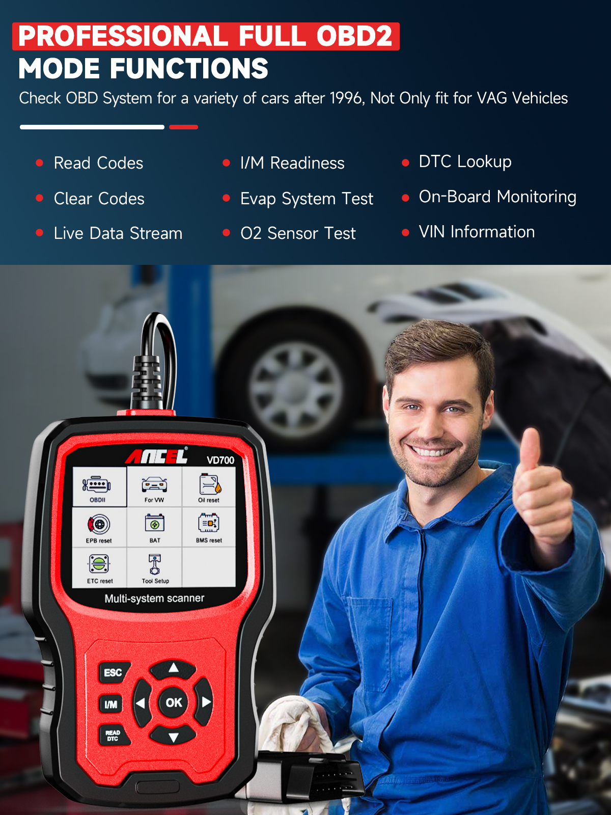 Ancel VD700 OBD2-Scanner, Auto-Codeleser, komplettes System-Diagnose-Scan-Tools, EPB, ABS, DPF, TPMS, Öl-Reset für VW, Audi, Skoda, Seat