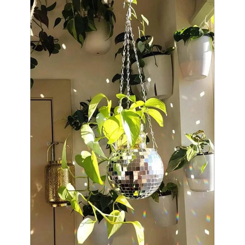 1pc plantador de bola de discoteca, vaso de flores esférico espelhado pendurado, plantador de suspensão de decoração de jardinagem