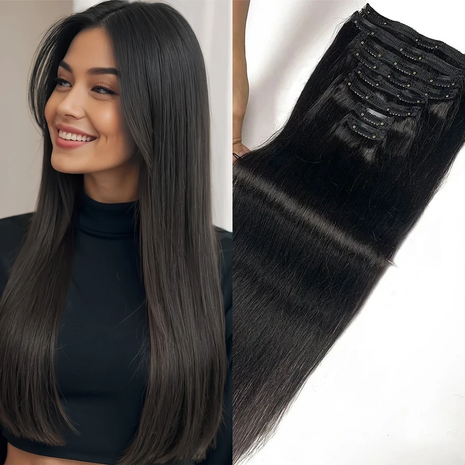 Grampo reto em extensões de cabelo invisível sem costura brasileiro virgem remy grampo de cabelo humano em extensões preto natural para mulher