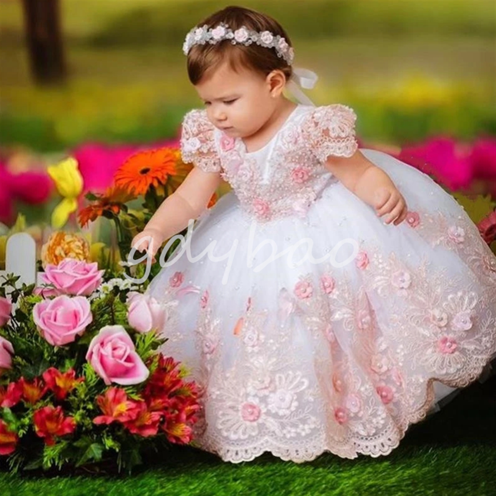 Robe de luxe en dentelle pour bébé fille, tenue d'anniversaire avec des perles, avec des appliques, princesse à fleurs, longue robe de bal de noël