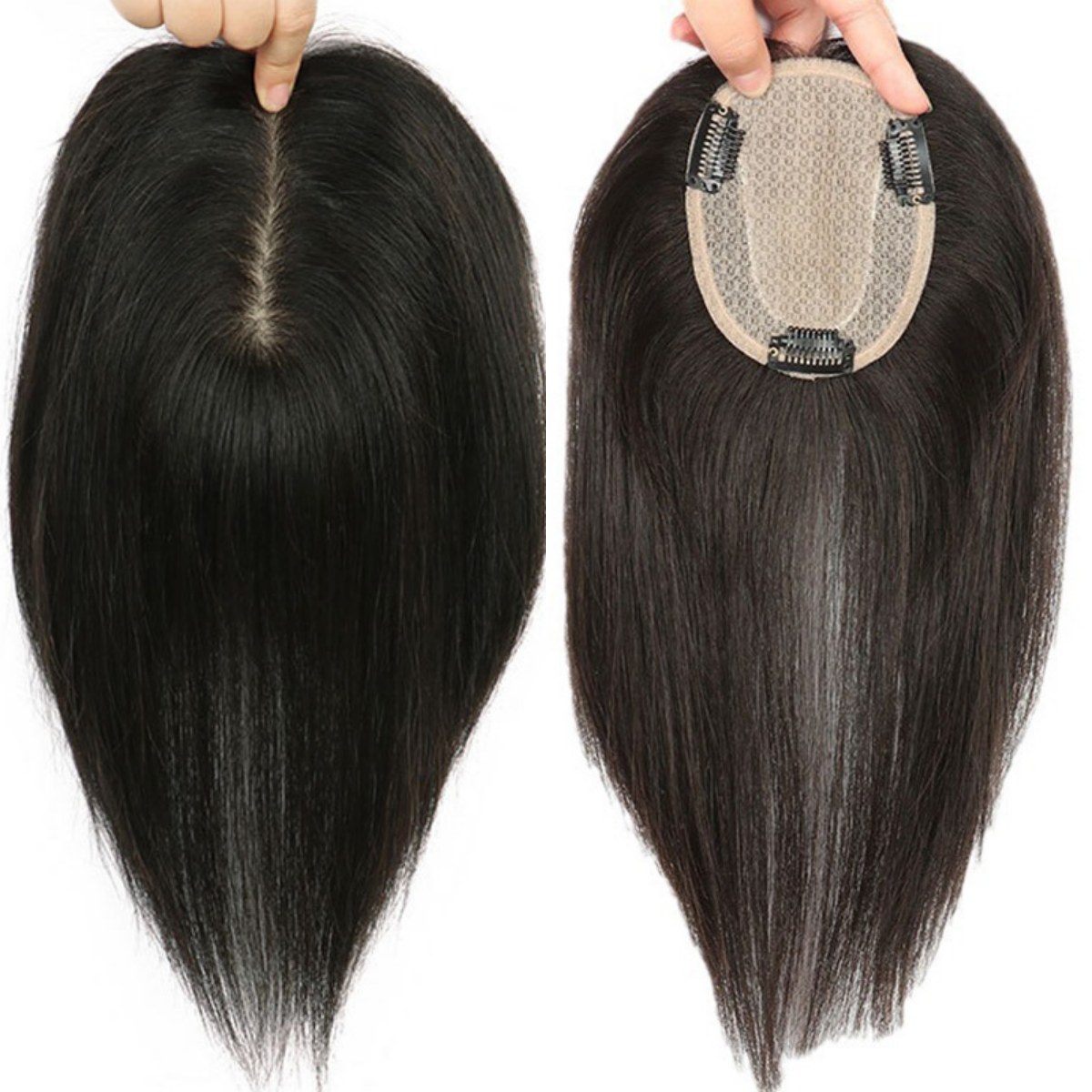 Toppers femininos com base de seda feita à mão, tamanhos 10x12cm, base superior do couro cabeludo natural, cabelo humano liso virgem com clipes