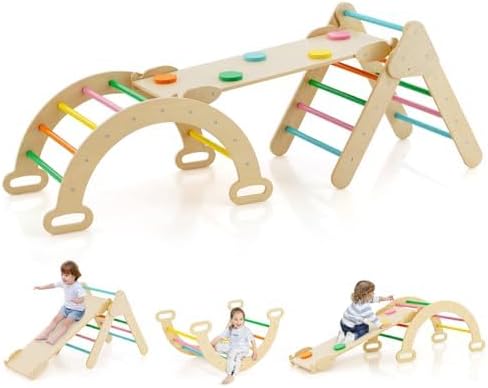 4-In-1 Houten Klimframe Met Glijbaan, Dubbelzijdige Helling, Klimboog, Wip En Trekdriehoek. Ideaal Voor Kinderen Van 1 +