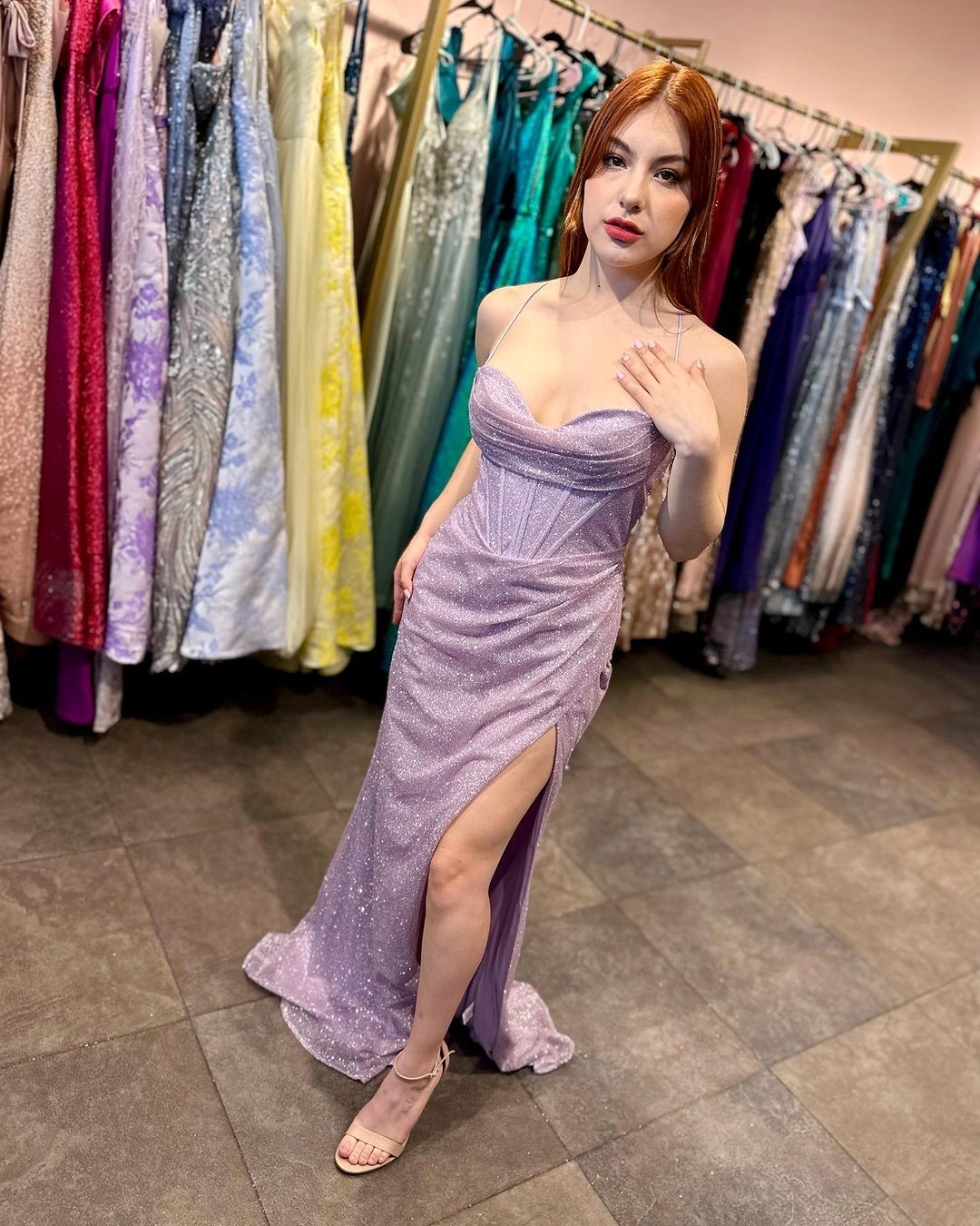 BABYONLINE Customized Bridesmiad Dress with Thin Strap Corset Bustier Lace up Back Mermiad Dress Leg Side Split Wedding Guest