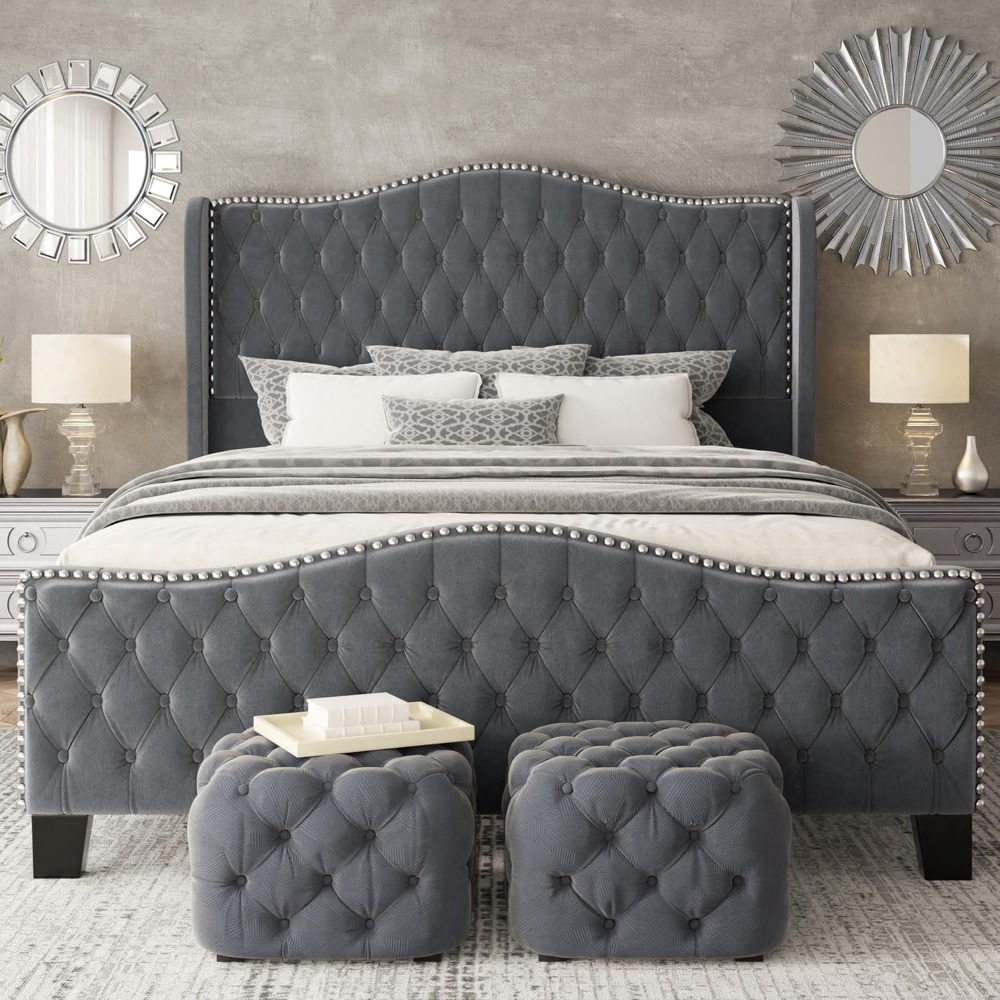 King Size Bed Frame with Tall Headboard Upholstered Bed Frame King Platform Bed Luxury Wingback Headback No Box Spring Needed, M