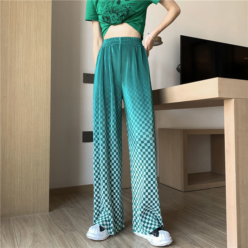 Frauen Mode Gradienten Plaid Print Lose Gerade Breite Bein Hosen Casual Sommer Oversize Komfortable Trend Hip Hop Kleidung