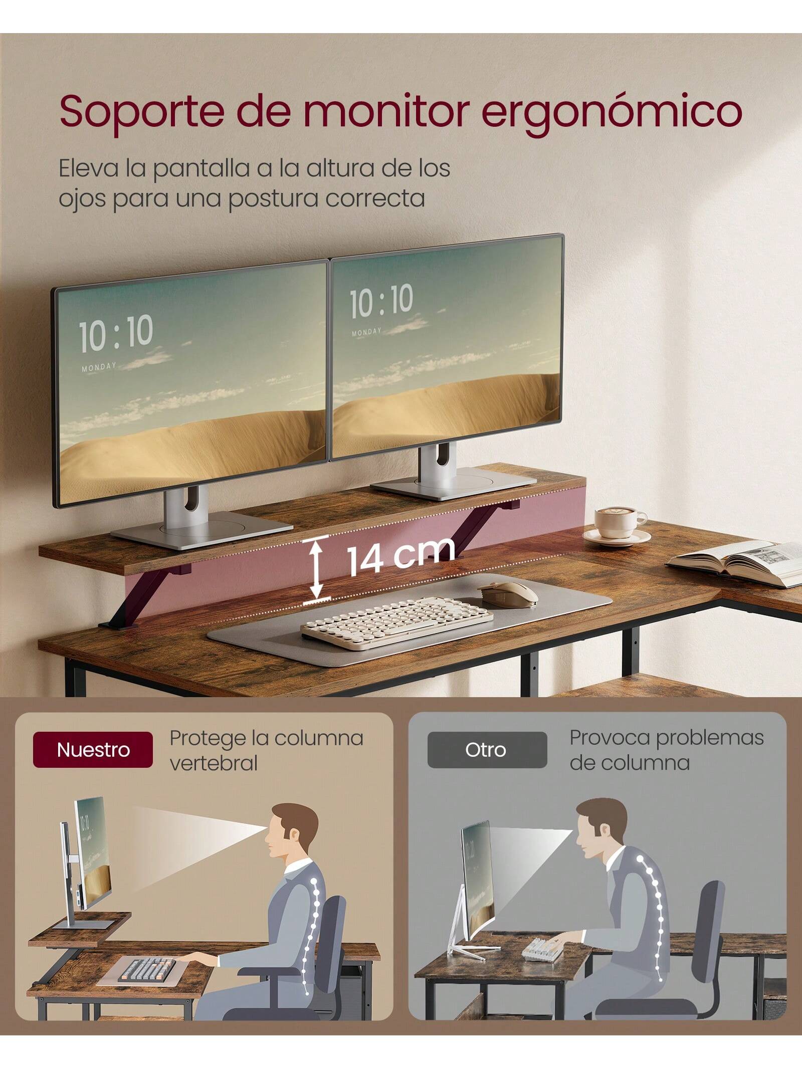 VASAGLE L-Shaped Desk: 2 Drawers, Monitor Stand. Corner/Gaming/Computer Desk. Adjustable Shelf. Home Office. Rustic Brown.