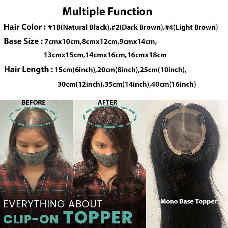 Feiner Echthaar-Topper auf Mono-und Pu-Basis mit 3 Clips auf geraden Echthaar-Topper für Frauen 100% remy Echthaar perücken Haar teile