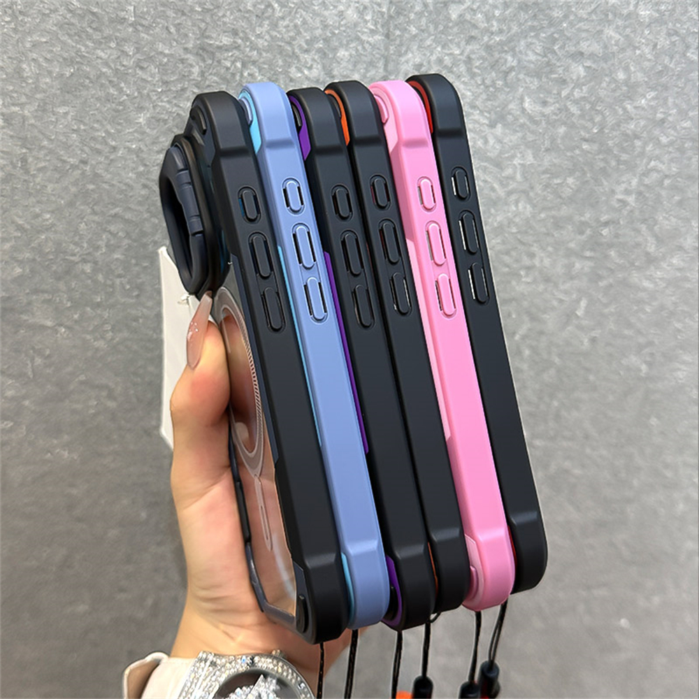 Armadura Color caramelo choque para funda de teléfono Magsafe para iPhone 11 15 14 13 12 16 Pro Max Plus soporte con correa para la muñeca funda trasera del teléfono