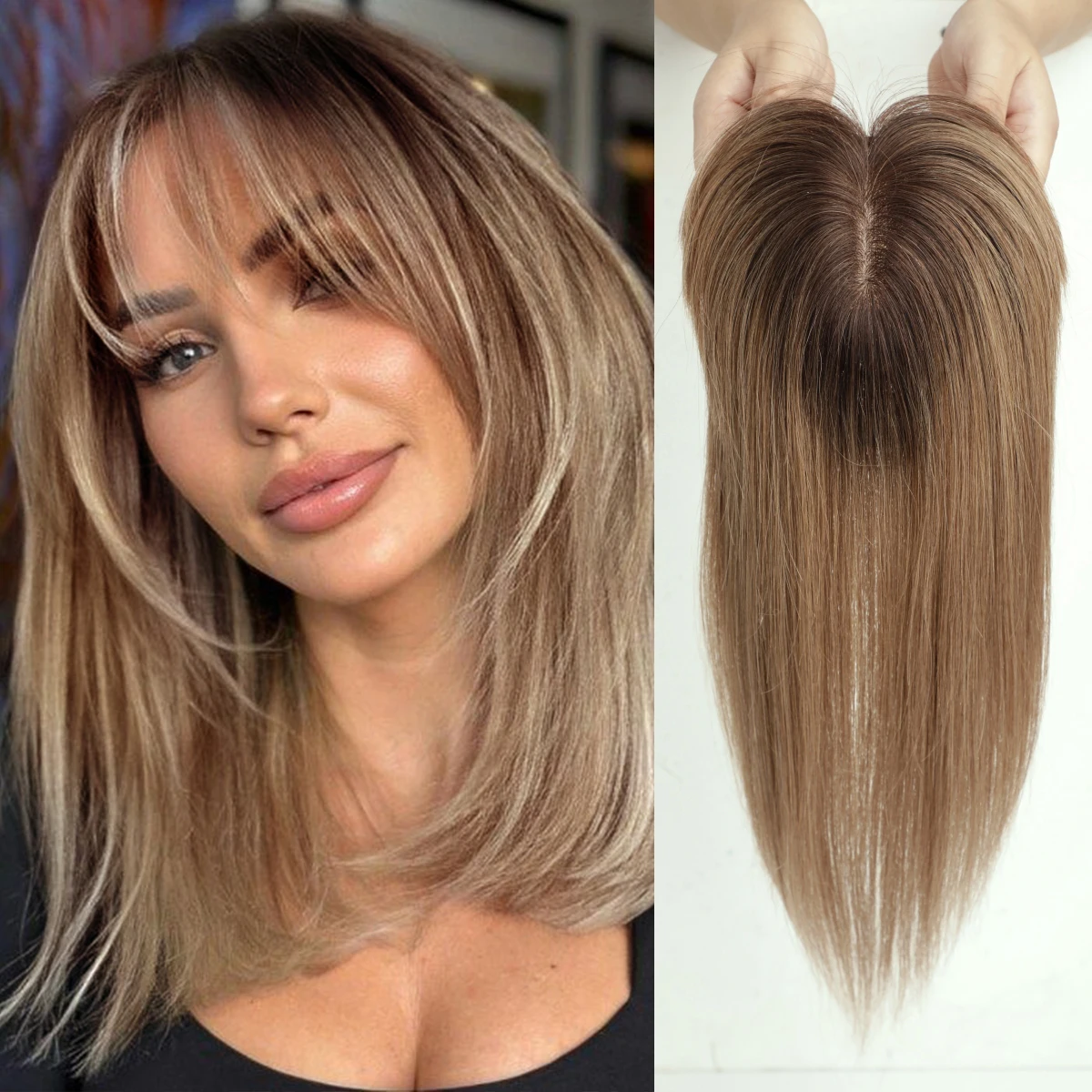 Toppers de cabelo humano 100% real com franja, base de seda, 3 peças de clipe, ombre, marrom, liso, cabelo humano para mulheres, extensão de cabelo