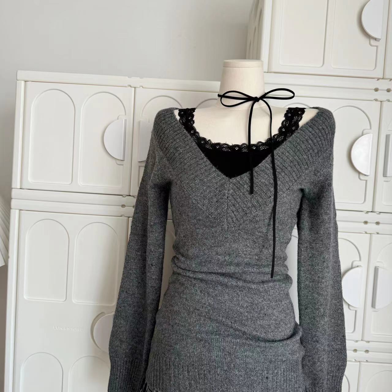 Otoño Invierno mujer Gyaru Coquette cuello pico francés Vintage suéter de manga larga jerseys prendas de punto 2000s estética dinero viejo grueso