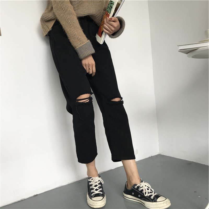 High Waist Ripped Skinny Jeans Women's Summer Thin Loose Elastic plus Size Bla Nine Point Straight Leg Pants Small Figures