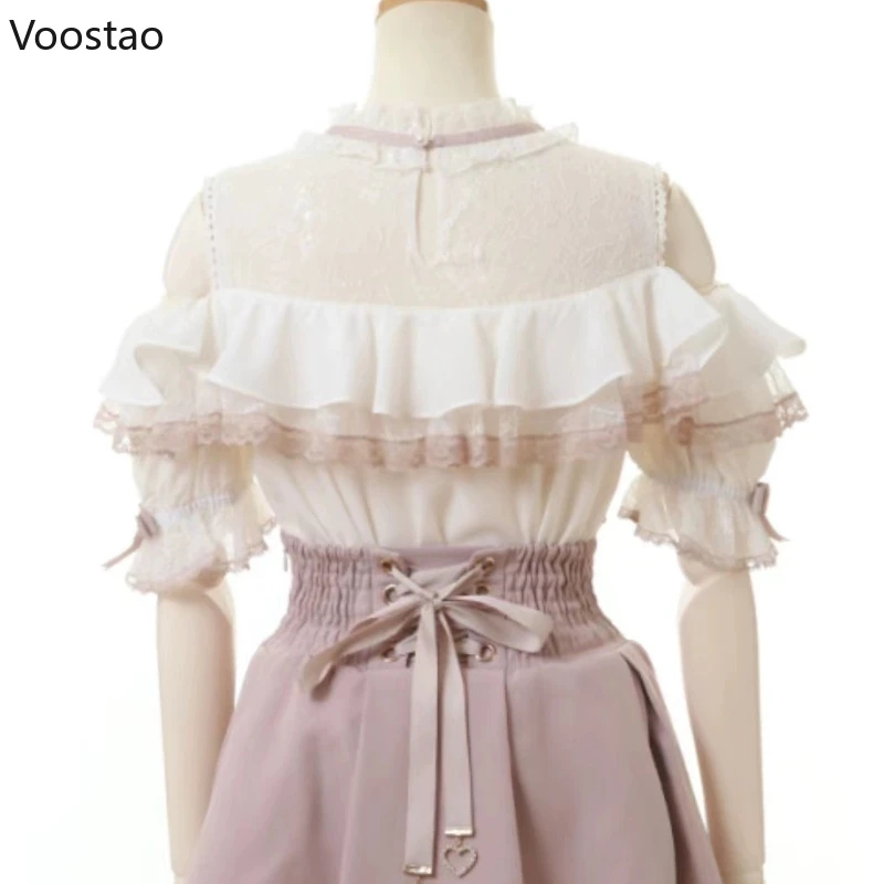 女性の愛の心の弓オフショルダーブラウス、日本の愛らしいロリータブラウス、女の子のためのjkシャツ、カジュアルレースフラップトップ、エレガント