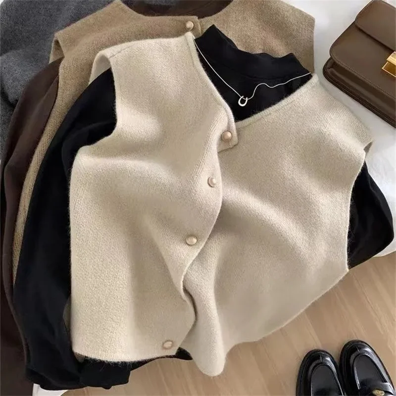 Cárdigan de punto con cuello redondo y botones dorados pequeños de una sola fila estilo entle para mujer, camisola sin mangas de estilo coreano