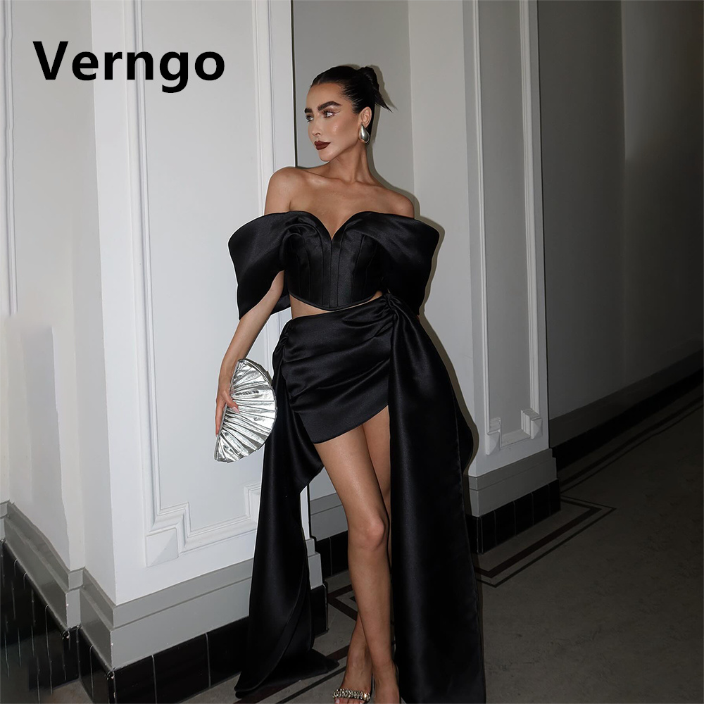 Verngo-Robe de Soirée en Satin Noir pour Femme, Tenue de Bal Courte, Drapée, avec Traîne, de Cocktail, Personnalisée, 2024