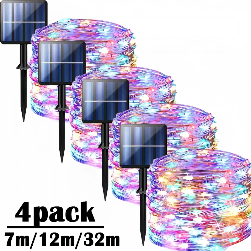 Luzes de fadas movidas a energia solar 7M 12M 22M 32M Luzes de corda LED à prova d'água ao ar livre 8 modos para decoração de árvore de pátio de jardim