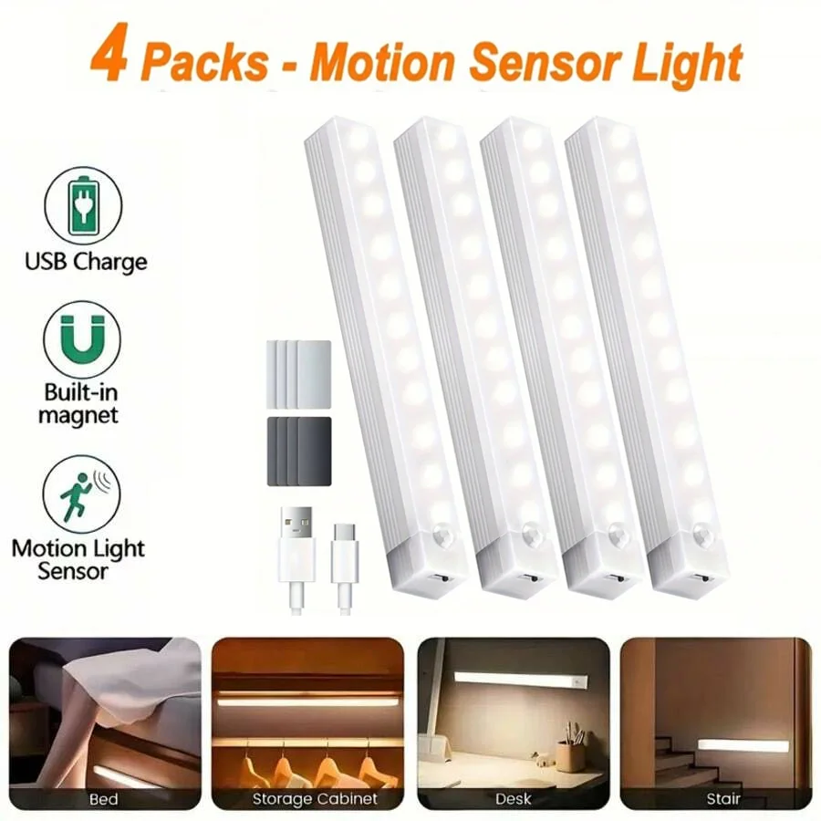 4-teilige kabellose wiederaufladbare LED-Schrankleuchte mit Bewegungsmelder – ideal für Schrank, Küche, Kleiderschrank, Treppen – batteriebetriebene Nacht