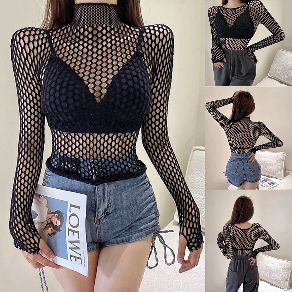 ゴシックセクシーな黒網タイツメッシュシースルー Tシャツ女性スキニーゴス中空アウト長袖シャツクロップトップ Tシャツストリート