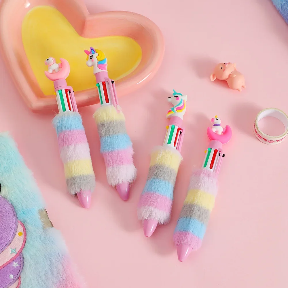 2PCs Unicorn Plush Ball-point ปากกาปากกาลูกลื่นที่มีสีสันนักเรียน Rainbow GEL ปากกาสาวการ์ตูนลายมืออุปกรณ์สํานักงาน