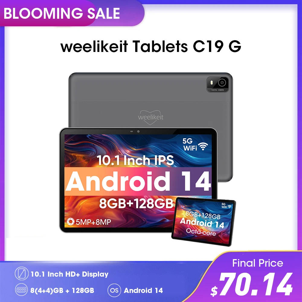 weelikeit 2024 Tablet 10 Zoll, Android 14 Tablets, 128 GB+512 GB erweiterbar, 2,0 GHz Prozessor, HD IPS Touchscreen, 6000 mAh Akku, 5G/2,4G Dual WiFi, BT 5.0, Split Screen Unterstützung, Dual Kameras