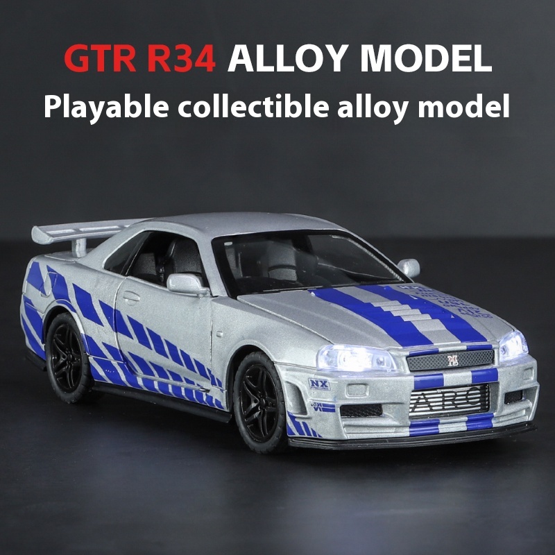 Modelo de carro de liga GTR-R34 escala 1:32, rodas iluminadas e sons de motor, brinquedo de corrida colecionável infantil, diversão para fãs de corrida