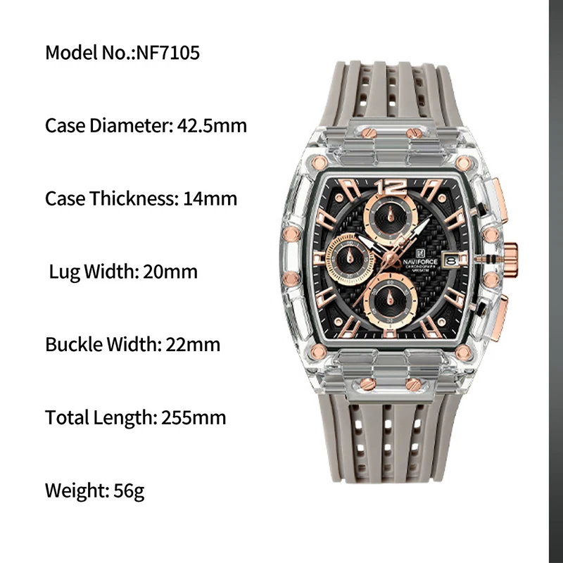 ใหม่ NAVIFORCE ผู้ชายควอตซ์นาฬิกามัลติฟังก์ชั่แฟชั่นกีฬา Chronograph 5ATM กันน้ําซิลิโคน Casual Man นาฬิกาข้อมือ