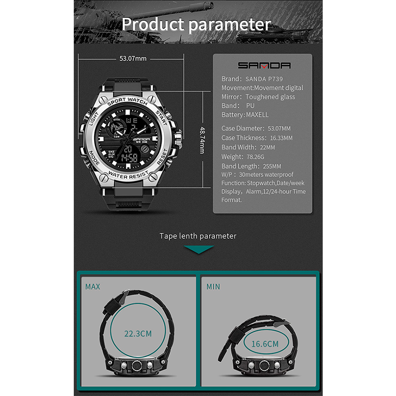 Reloj Digital SANDA estilo G para hombre, relojes deportivos militares con pantalla Dual, reloj de pulsera electrónico resistente al agua, reloj Masculino 739