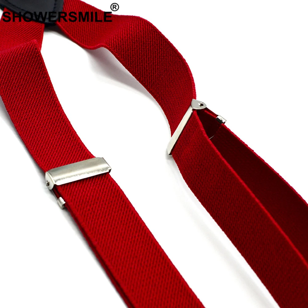 Showersmile-suspensórios vermelhos, calças clássicas masculinas, modelo casual retrô, costas de 120cm, 4 grampos, elástico, cinto com suspensório
