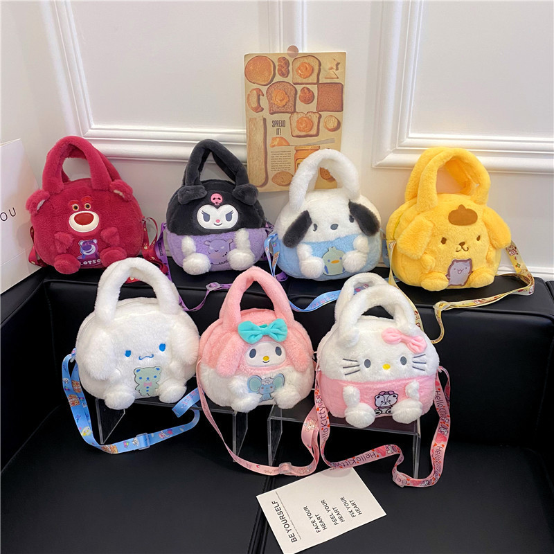 Kawaii Sanrio Plush กระเป๋า Kuromi กระเป๋าเป้สะพายหลังอะนิเมะ Melody Cinnamoroll Plushie กระเป๋าถือ Pochacco การ์ตูนตุ๊กตากระเป๋าสําหรับสาวของขวัญ