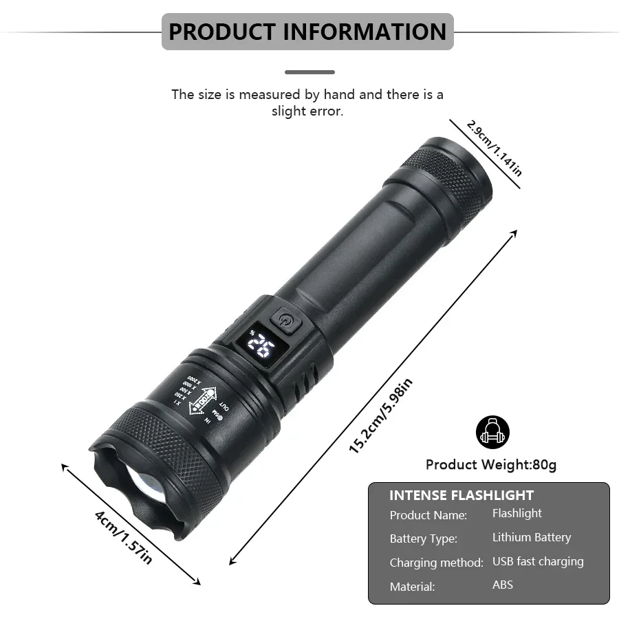 Potente linterna LED de 9900LM con pantalla de batería, luz recargable por USB, linterna con Zoom telescópico, linterna para acampar y pescar al aire libre