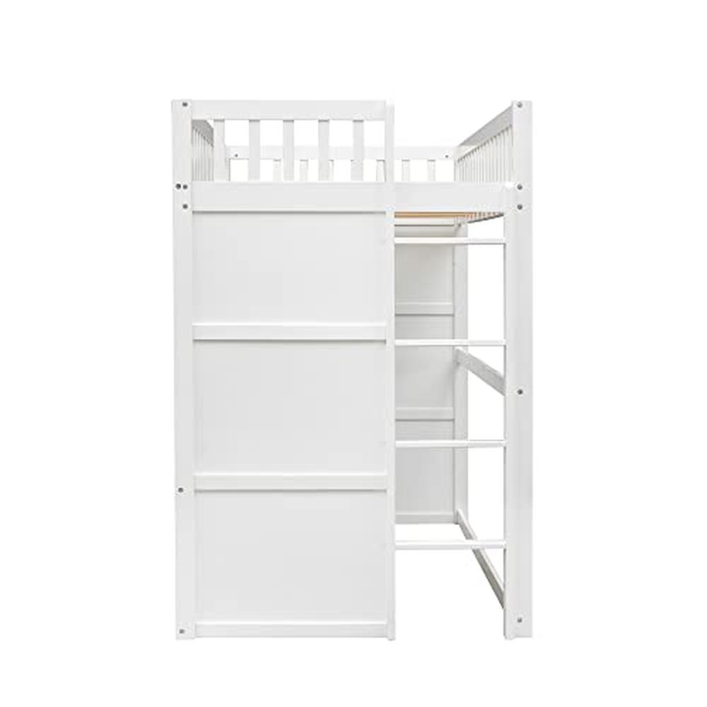 Twin Size Kids Playhouse Loft Bed Frame White Gray Window Ladder Solid Wood Sturdy Design Storage Space Modern Style Easy