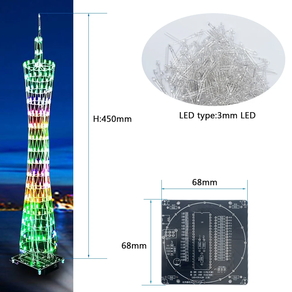 diy electronic soldering kit LED colorful Canton Tower Light 16*16 Electronics practical training soldering