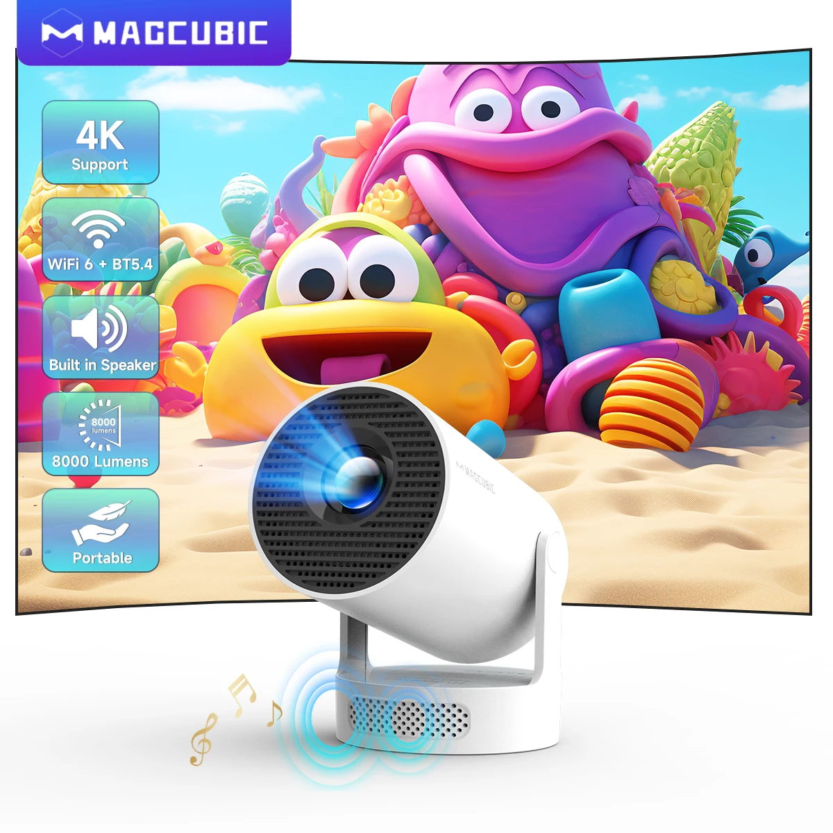 Magcubic HY300 Pro + Proyector 4K Full HD 720P Altavoz incorporado 8000 lúmenes Android 11 WiFi BT5.4 Proyector para reuniones al aire libre