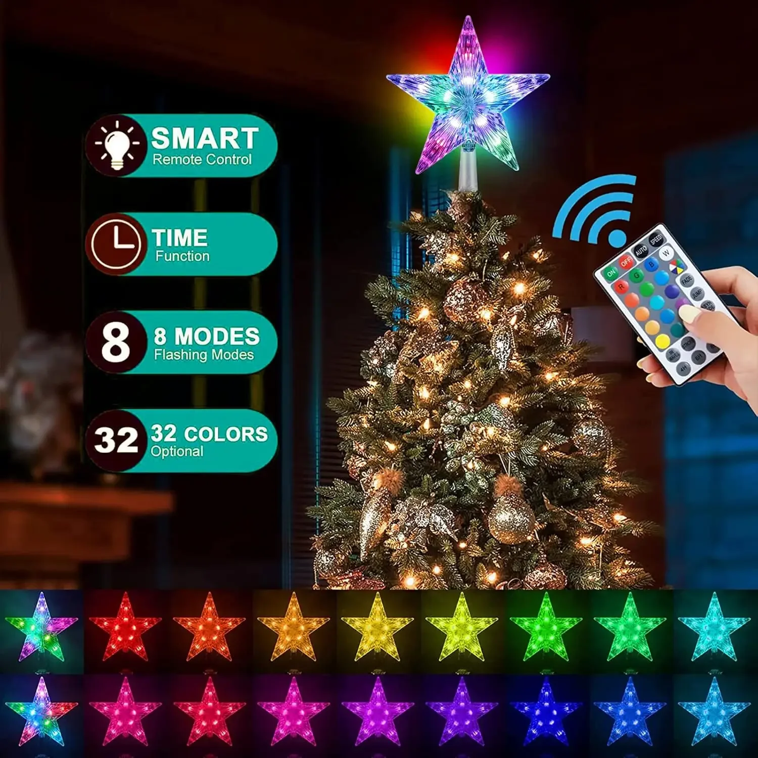 LED étoile de noël arbre de noël Topper étoile lumière décor 16 couleurs changeantes télécommande multicolore USB alimenté cadeau de noël