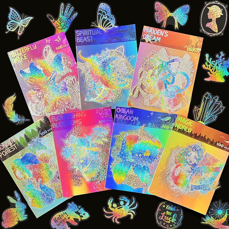 100pcs Magic PET Laser Flash Stickers  World Butterfly Blooming Camellia Flowers Creative Retro Transparent Waterproof Stickers