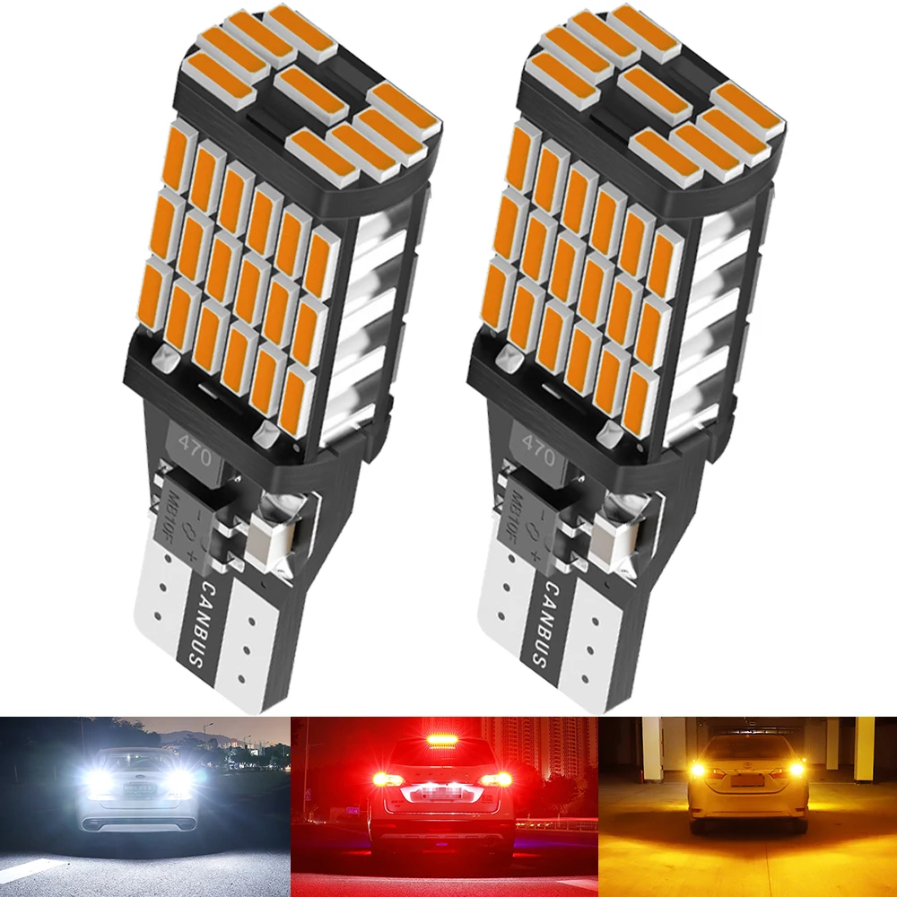 2 uds T15 4014 45chips W16W lámpara LED de reserva de luz de respaldo bombillas Canbus sin Error LED de alta potencia Canbus W16W rojo ámbar amarillo