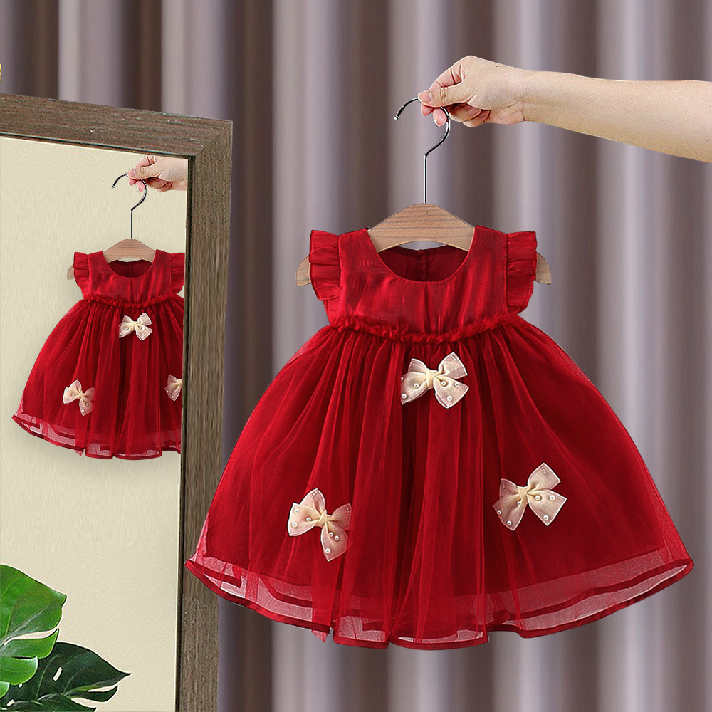 Ropa para niños, vestido para niñas, nuevo estilo de verano, hilo de nube de noche para niños, vestido de princesa con mangas voladoras, vestido con lazo para bebé