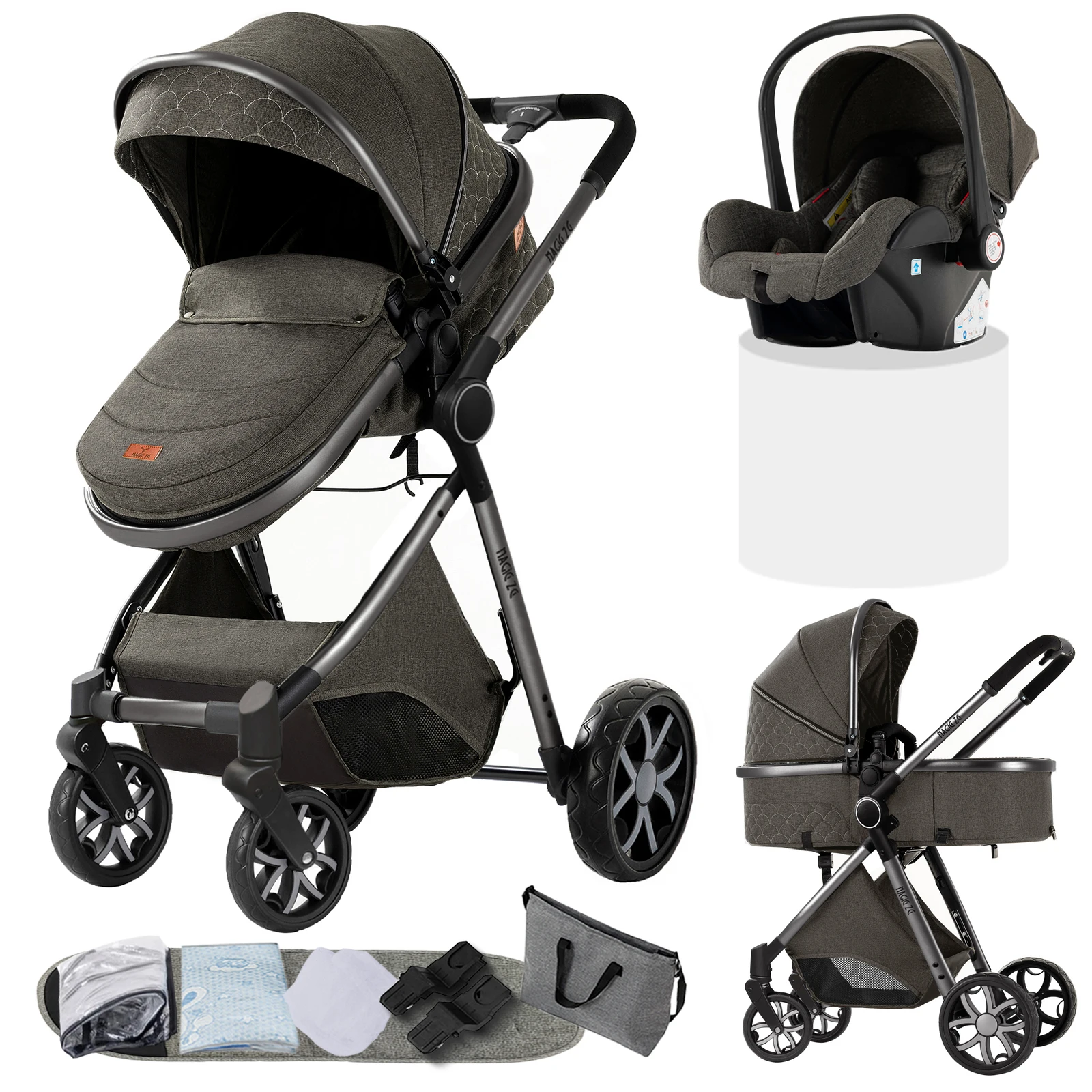 Passeggino 3 in 1 con cesto a pelo Carrozzina Passeggino facile da piegare Sistema da viaggio leggero Passeggini