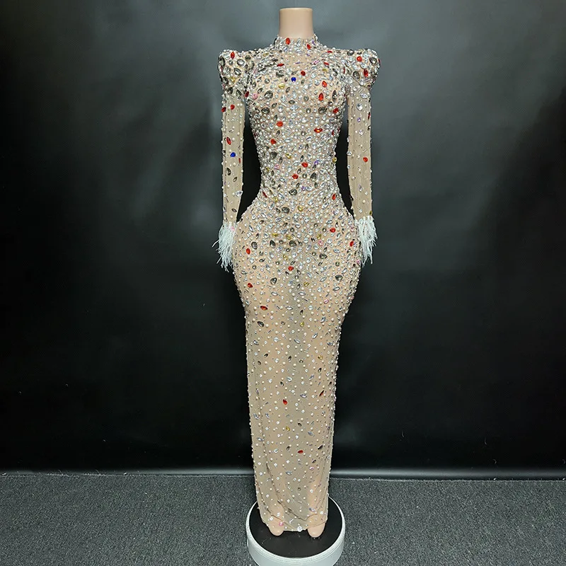 Ropa brillante para mujer, vestido de cumpleaños de lujo, traje de espectáculo de escenario con diamantes de imitación para mujer, vestido Maxi ajustado de celebridad, vestido de fiesta