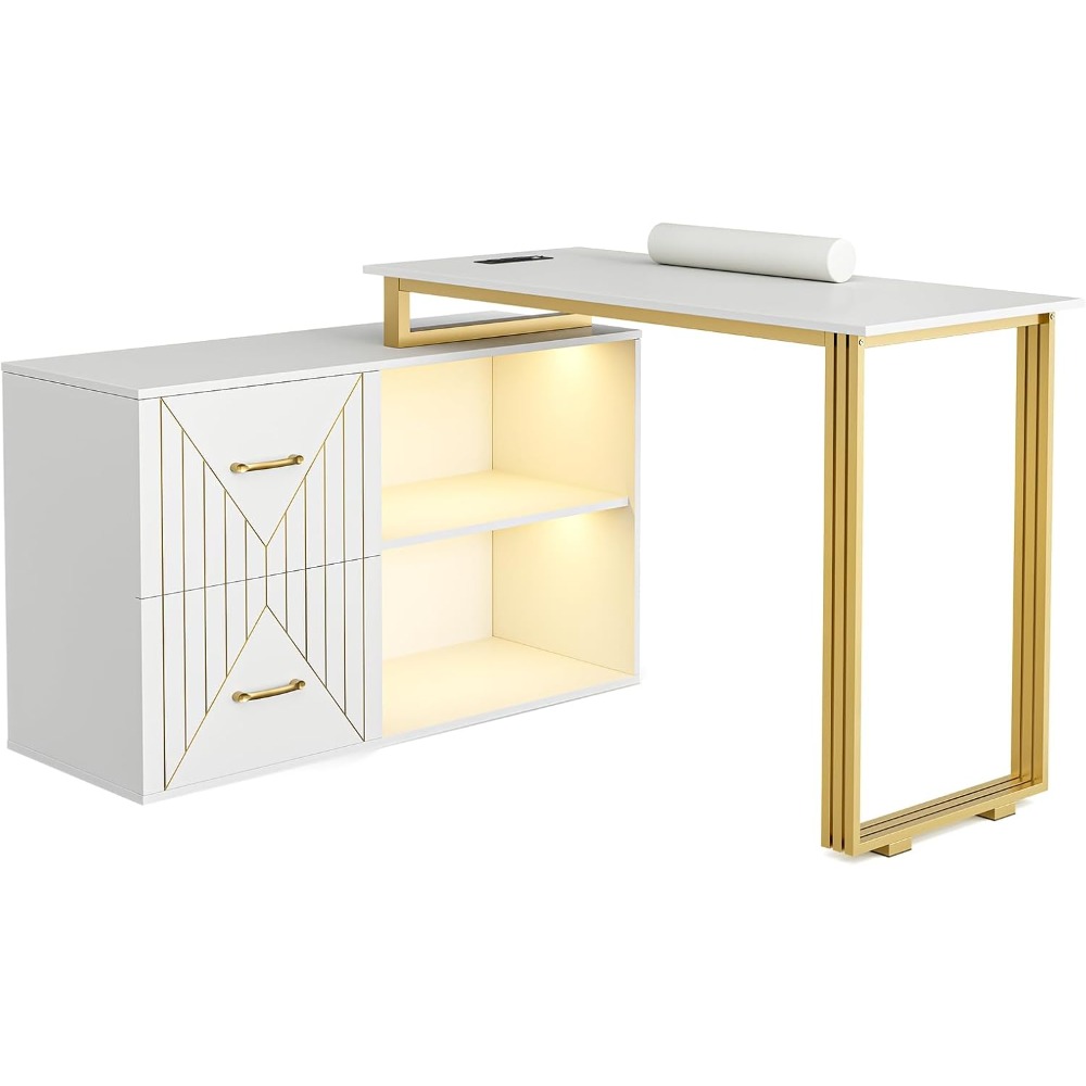 Nail Tables.Manicure Table for Nail Tech with Wrist Cushion,Corner Nail Desk with2Drawers and2Shelves,Beauty Salon Supplies