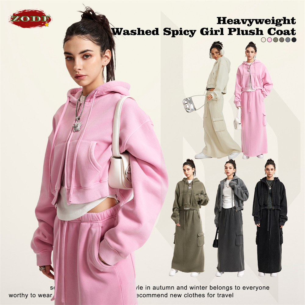 ZODF-sudaderas con capucha cortas Retro para mujer y niña, abrigo holgado de lana gruesa de 355gsm con capucha y cremallera, ropa de calle HY0448 2023