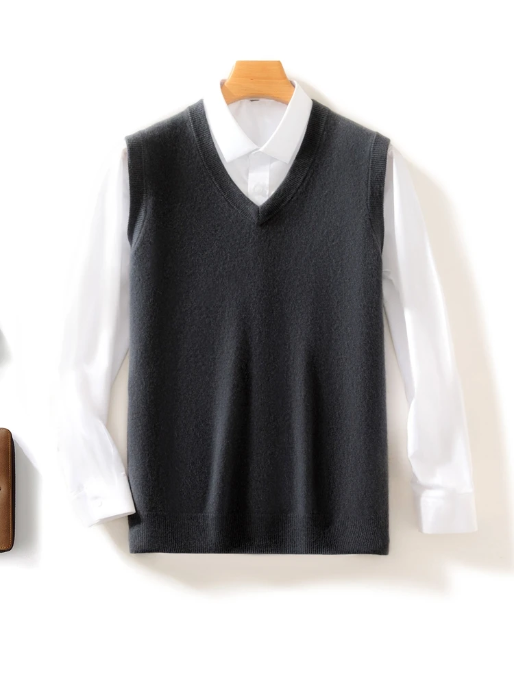 Homens lã com decote em v camisola colete pulôver outono inverno básico casual cashmere 100% lã merino malha macia sem mangas colete topo