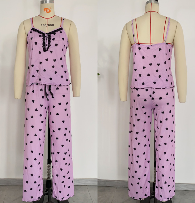 Sexy Frauen Herz Gedruckt Spitze Homewear Sommer Pyjamas Sets Ärmellose Satin Pijama Abgeschnitten Tops Und Hosen