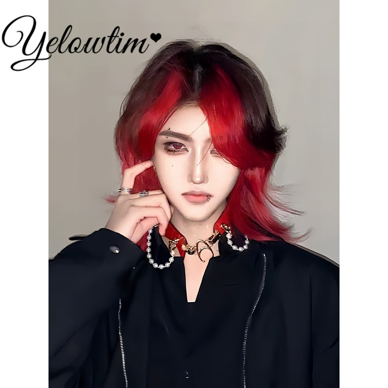 Yelowtim-短い合成かつら,巻き毛,黒と赤,クールで美しい