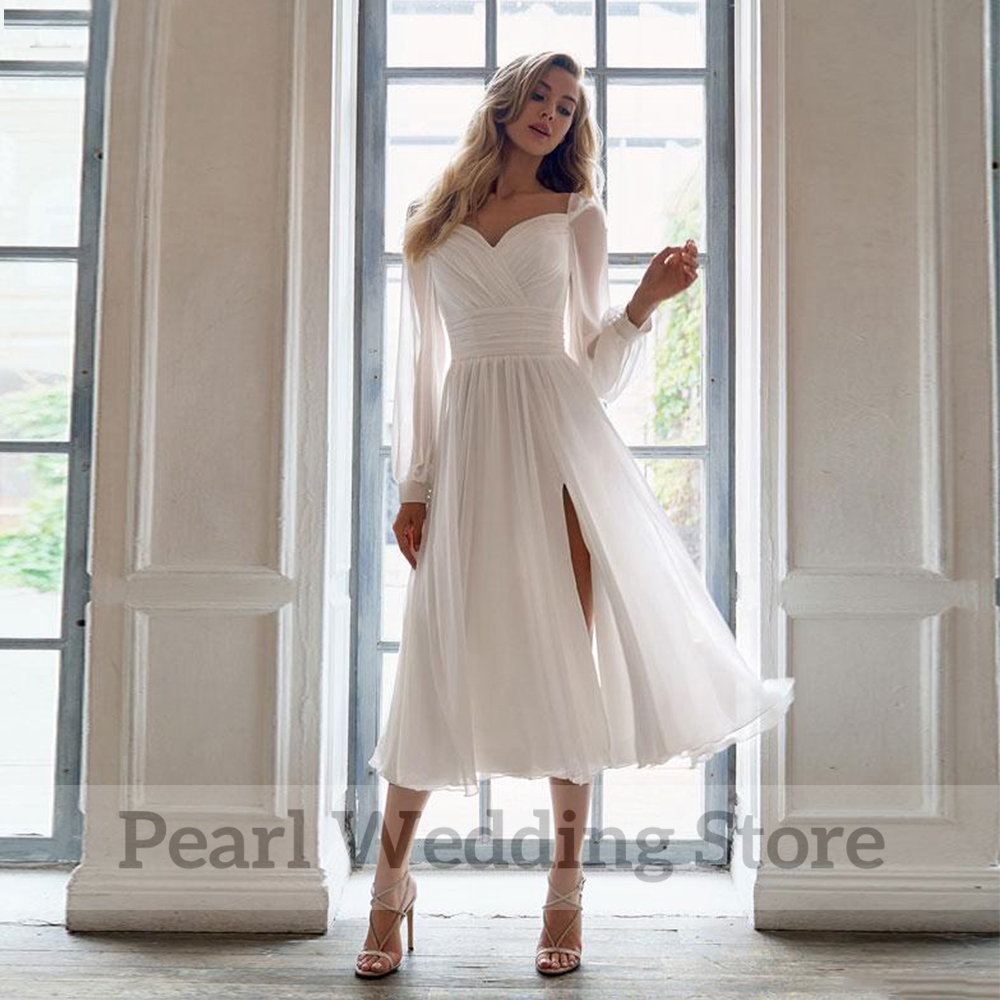 Simple Chiffon Tea-Length Wedding Dress Sweetheart and Long Sleeve Side Split Bride Gowns Sexy Backless Pleat Bridal Customized