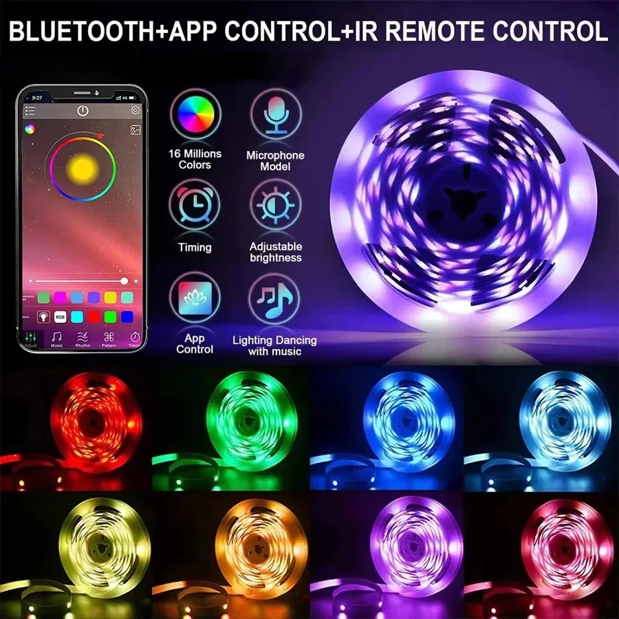 ไฟ LED RGB 5050 แบบยืดหยุ่นสำหรับติดผนัง ควบคุมผ่านแอพ Bluetooth ซิงค์เพลง รีโมท ใช้เป็นไฟแบ็คไลท์ทีวี ตกแต่งห้องนอน งานปาร์ตี้ หรือบ้าน