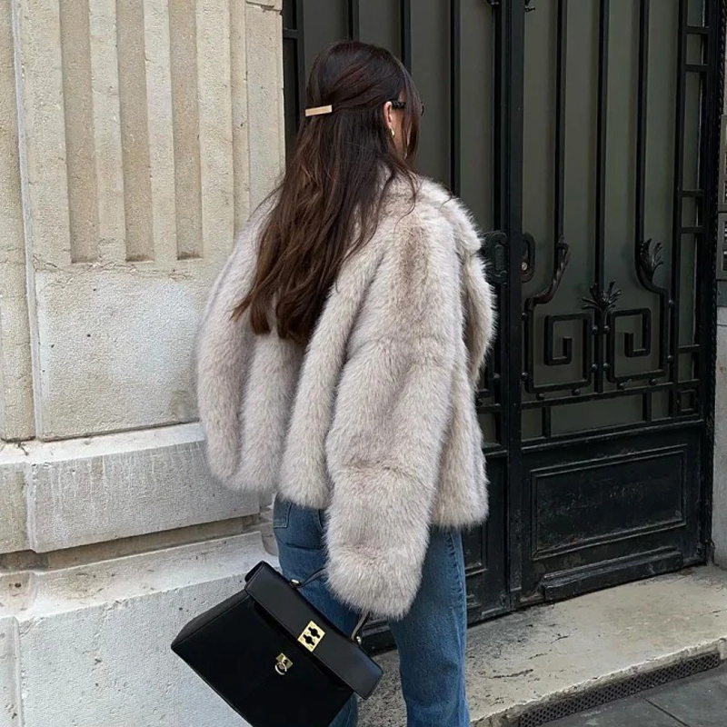 Autumn Winter Faux Fur Coat  Suit Collar Thickened Warm Fluffy CoatShort Street Style Fox Fur Jacket Peludo Chaqueta Mujer