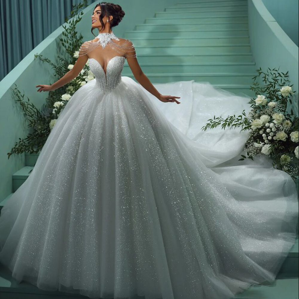 Maßgeschneiderte Glitzer-Prinzessin-Hochzeitskleider 2025, mit Perlen verziert, Ballkleid, Brautkleid, Schatz, Perlen, Kathedrale, Vestidos de Novia