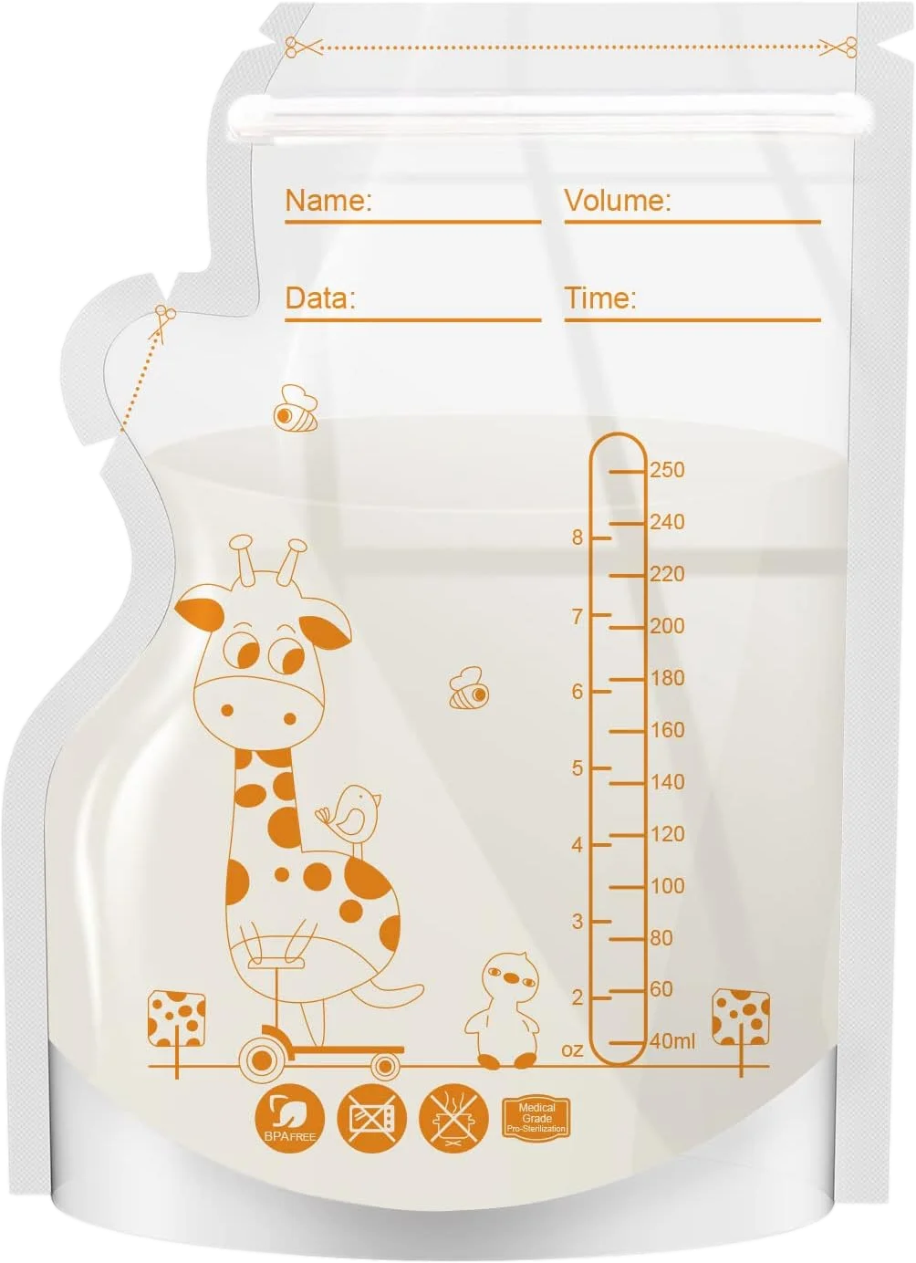 PE 기린 모유 보관 가방, 250ML 팩당 30개/60개, 프리스틱 라벨, BPA 프리, 누출 방지,
