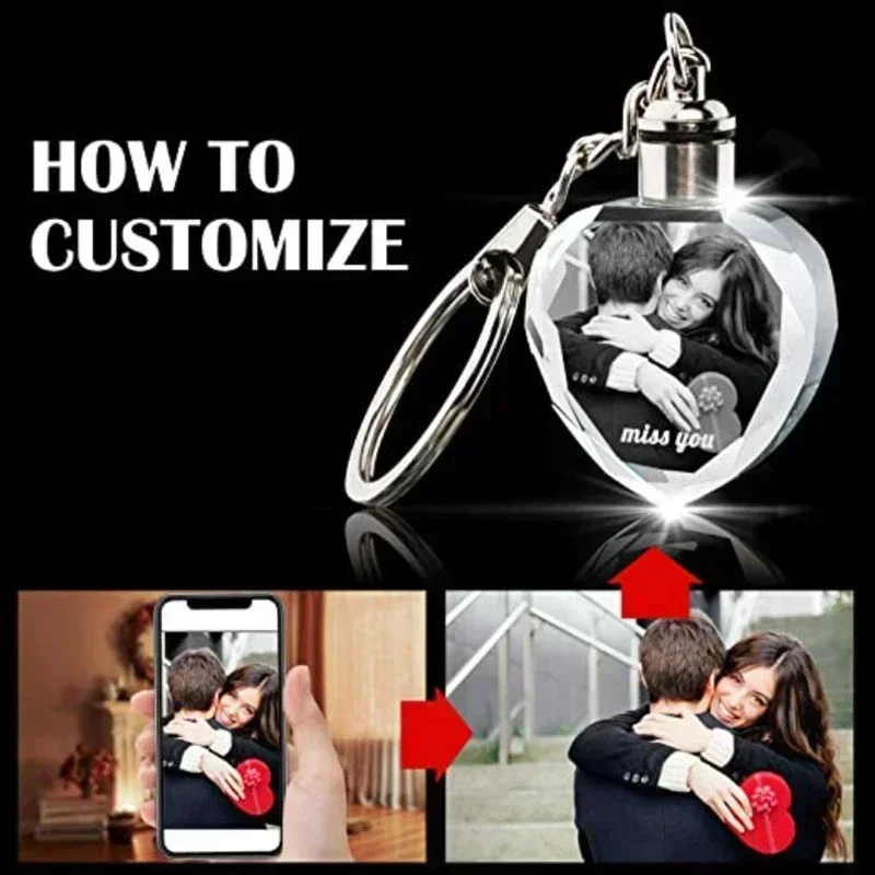 1 pçs grátis gravar chaveiro de cristal personalizado design grátis presente com luz led personalizado foto chaveiro pingente comemorativo