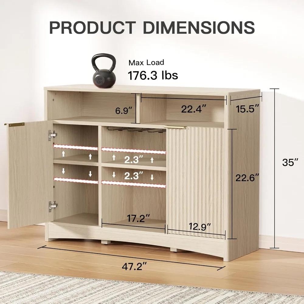 Modern Coffee Bar Cabinet with Storage, Fluted Wood Buffet Sideboard with Wine and Glass Rack, Liquor Cabinet with Adjustable